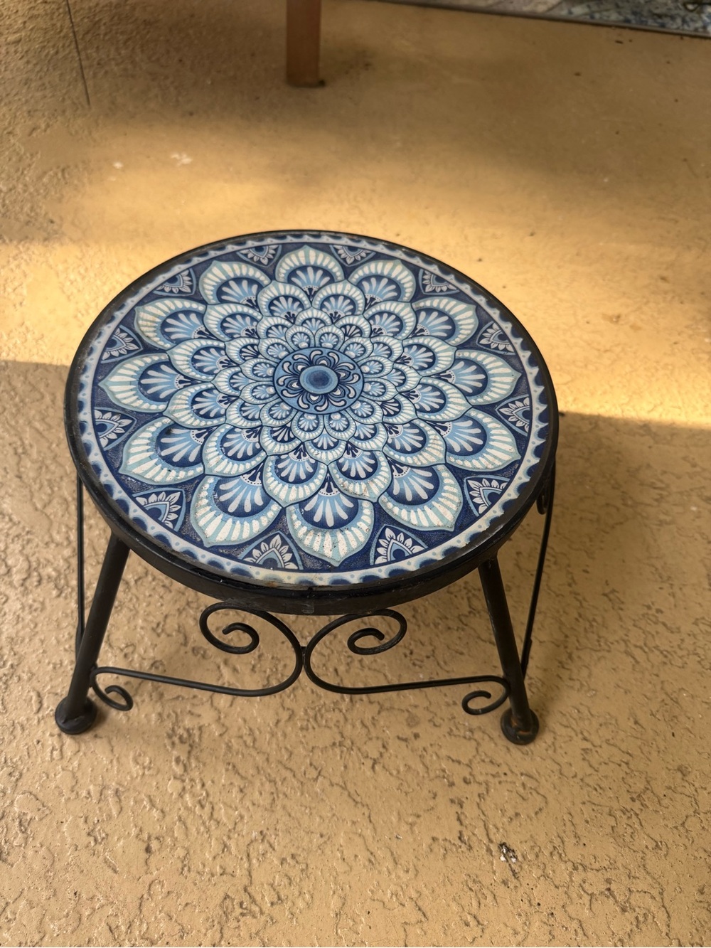 Blue Mandala Ceramic and Metal Plant Stand/ Riser
